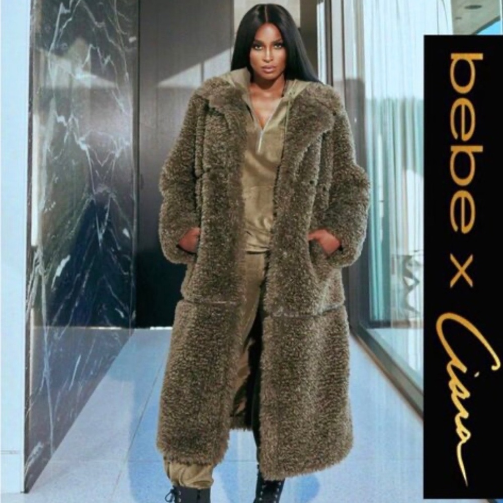 bebe X Ciara Faux Fur Maxi coat in olive size XS